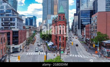 Flatiron or Gooderham building in the old town. Drone point of view famous place in Toronto, Canada