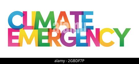 CLIMATE EMERGENCY words vector illustration. Colored rainbow text. Vector banner. Corporate concept. Gradient Text. Transparency Letters. Vector illustration Stock Vector