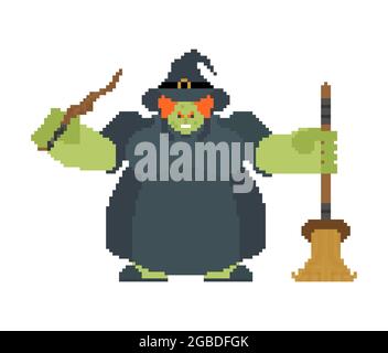 Witch pixel art isolated. 8bit Angry sorceress. vector illustration Stock Vector