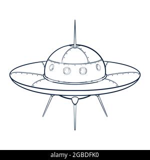 Spaceship Illustration. Line Art cartoon spacecraft icon. UFO sketch template for logo, emblem, Web design, Print, Sticker, Card Stock Vector