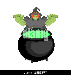 Witch pixel art isolated. 8bit Angry sorceress. vector illustration Stock Vector