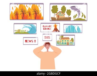 Climate change concept background flat, cartoon vector. World disasters Stock Vector