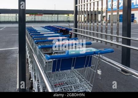 MADRID, SPAIN - JULY 16, 2021: Shopping carts in a shopping park. Stock Photo
