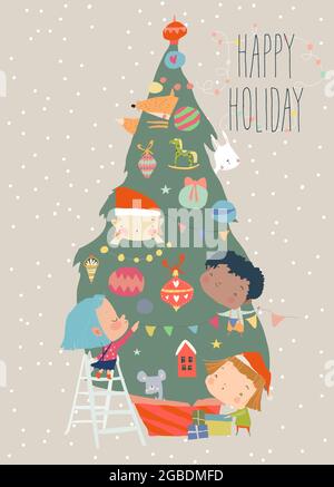 Happy Cartoon Kids decorating Christmas Tree. Happy Holiday Stock Vector