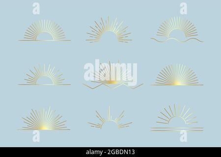 Vector Sun set of linear boho icons and symbols, gold sun logo design templates, abstract design elements for decoration in modern minimalist style Stock Vector
