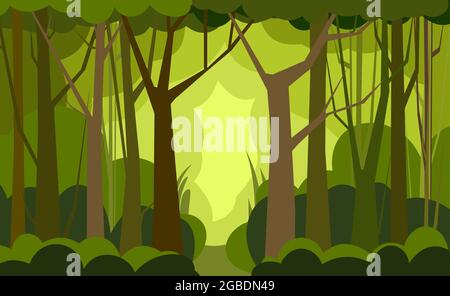 Forest Road. Dense wild trees with tall, branched trunks. Summer green landscape. Silhouettes without gradient. Flat design. Cartoon style. Vector. Stock Vector