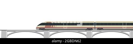 High-speed train on bridge. Fast transport. Railway with locomotive. Modern outdoor landscape. Isolated on background.. Flat style design. Vector Stock Vector