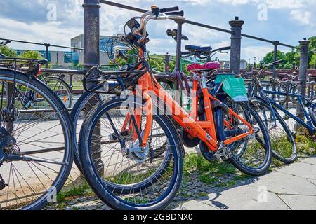 Berlin, Germany - July 29, 2021: City bikes for rent in downtown Berlin. Stock Photo