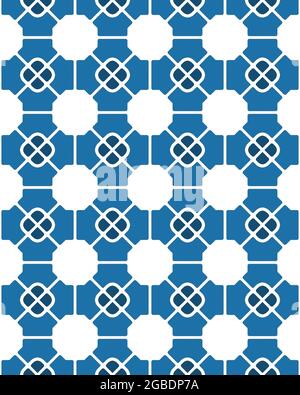 Seamless pattern of interconnected square and polygonal shapes in blue and white colors Stock Photo