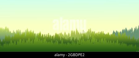 Foggy morning in coniferous forest. Silhouettes of trees. Wild hilly landscape. Sunrise. Pine, cedar. Landscape is horizontal. Illustration vector Stock Vector
