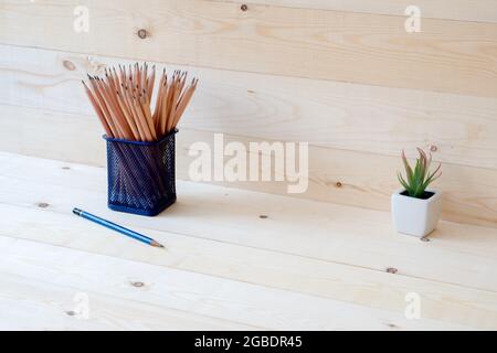 Wood pencils in metal pot Stock Photo