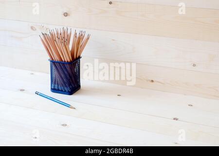 Wood pencils in metal pot Stock Photo