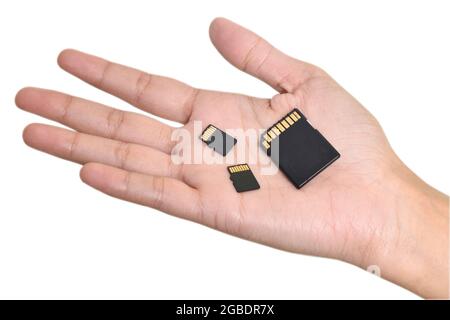 SD Card In Hand Isolated On White Background With Clipping Path Stock Photo