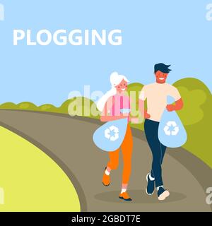 Plogging concept. Men and women jogging and collecting garbage. Couple of eco-volunteers clean the polluted environment from garbage. Volunteers at Stock Vector