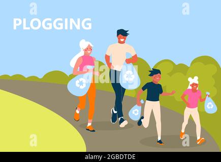 Plogging concept. A family of eco-volunteers clean the polluted environment from garbage. Men and women with kids jogging and collecting garbage Stock Vector