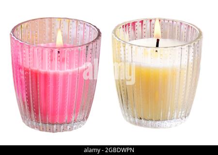 Pink and White Burning Candle Isolated On White background With Clipping Path Stock Photo