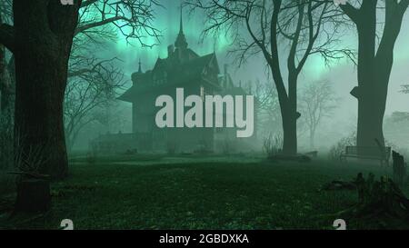 Old haunted abandoned mansion in creepy night forest with cold fog atmosphere, 3d rendering Stock Photo