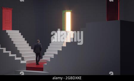 Businessman walking up on stairs to the door of opportunity for career development or business decision for new challenge, 3d rendering Stock Photo