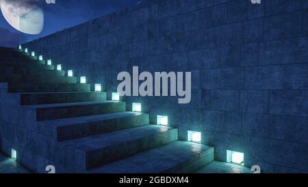 Staircase with lighting lead to roof top deck. Building  exterior with big moon background, 3d rendering Stock Photo