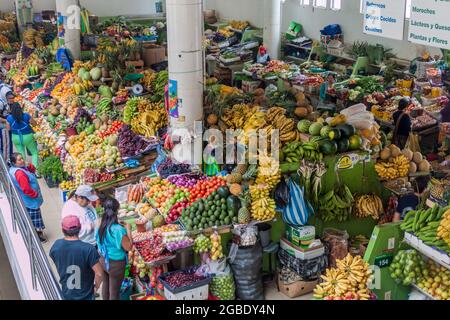 CUENCA, ECUADOR - JUNE 19, 2015: Fruit stalls in the market of Cuenca, Ecuador Stock Photo