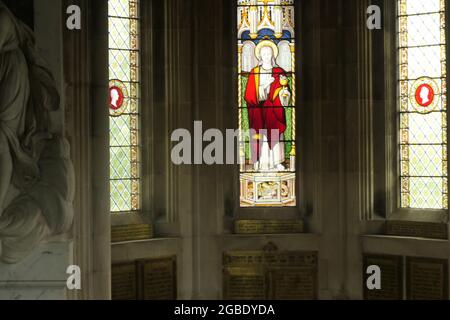 Great Brington church Northamptonshire stained glass window with angel n crypt for Diana Spencer princess of Wales stated buried in Crypt with father Stock Photo