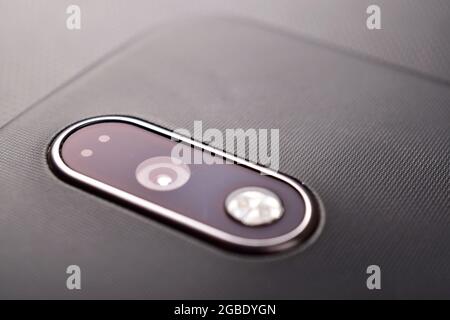 close up of mobile phone camera, flash lens microphone and mic Stock Photo