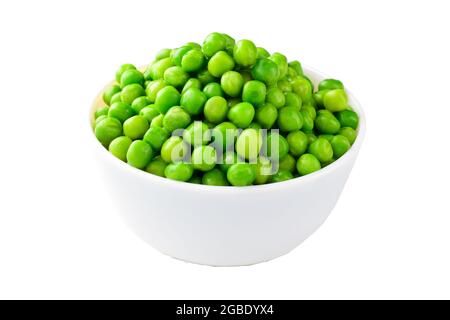 Green Peas In Bowl Isolated On White Background With Clipping Path Stock Photo