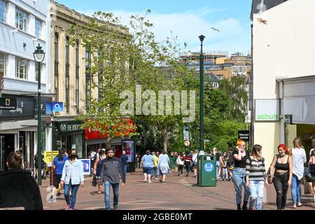 Bournemouth, Dorset, England - June 2021: People in one of the main shopping streets in Bournemouth town centre. Stock Photo