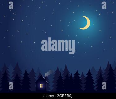 House and tree and night sky with stars and moon House and tree and night sky with stars and moon Stock Vector