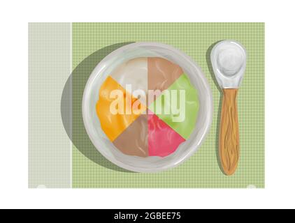 multicolor vector baby food on plate with spoon Stock Vector