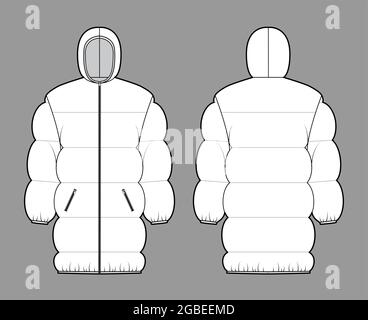 Down puffer jacket coat technical fashion illustration with hoody collar, zip-up closure, pockets, oversized, thigh length. Flat template front, back, white color style. Women, men, unisex CAD mockup Stock Vector
