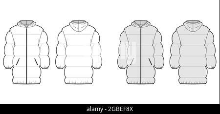 Down puffer jacket coat technical fashion illustration with hoody collar, pockets, oversized, thigh length, wide quilting. Flat template front, back, white, grey color style. Women, men top CAD mockup Stock Vector