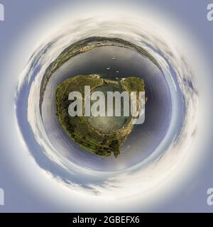 Aerial view of Azores, Portugal. Little planet panorama 360 degrees. Drone landscape in a Tiny planet image of Vila Franca Islet. Travel destination. Stock Photo