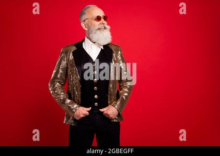 Portrait Of Attractive Classy Elderly Cheerful Grey-haired Man Showing 