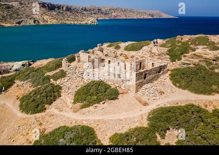 Aerial view of the ruins of the ancient Doric city of Itanos on the remote coastline of eastern Crete, Greece Stock Photo