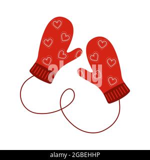 Cozy pair of knitted mittens with hearts pattern. Woolen winter gloves isolated on the white background. Vector flat illustration. Stock Vector