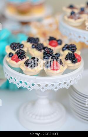 Delicious berries tartlets set on a white cake stand ready for guests, delicate miniature tarts, bite-size sweet treats with raspberries, mulberries Stock Photo