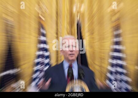 President Joe Biden delivers remarks on COVID-19 vaccinations in the East Room of the White House in Washington DC, on Tuesday, August 3, 2021. President Biden announced Tuesday that the US has donated 110 million vaccines to countries around the world. Photo by Sarah Silbiger/UPI Stock Photo