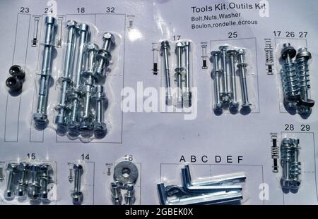 A set of nuts bolts and screws in a blister pack as part of a basketball hoop build. Stock Photo