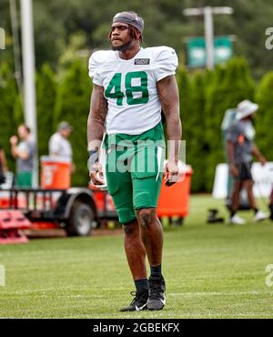 New York Jets Kenny Yeboah reacts during the first half of an NFL