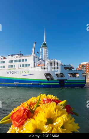 England, Hampshire, Portsmouth, Wightlink Car Ferry and The Spinnaker Tower Stock Photo