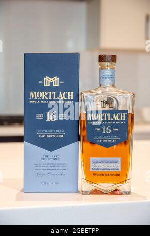 Calgary, Alberta - july 29, 2021: Bottle of Mortlach single malt scotch whisky with display box.