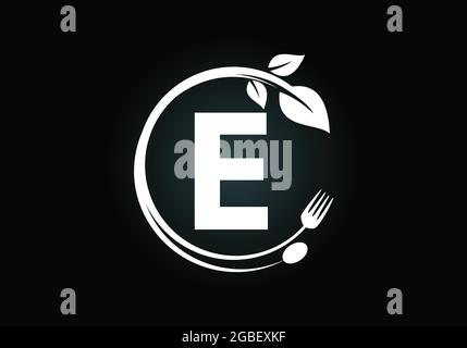 Initial E monogram alphabet with a fork, spoon, and leaf. Healthy, natural, food logo. Modern vector logo for cafe, restaurant, cooking business Stock Vector