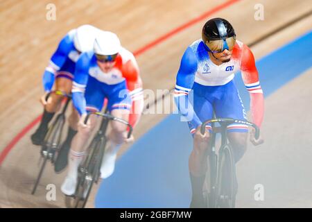 Florian Grengbo (FRA),  Sebastien Vigier (FRA),  Rayan Helal (FRA), AUGUST 3, 2021 - Cycling : Men's Team Sprint Qualifying during the Tokyo 2020 Olympic Games  at the Izu Velodrome in Shizuoka, Japan. (Photo by Shutaro Mochizuki/AFLO) Stock Photo