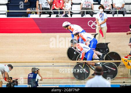 Florian Grengbo (FRA),  Sebastien Vigier (FRA),  Rayan Helal (FRA), AUGUST 3, 2021 - Cycling : Men's Team Sprint Qualifying during the Tokyo 2020 Olympic Games  at the Izu Velodrome in Shizuoka, Japan. (Photo by Shutaro Mochizuki/AFLO) Stock Photo