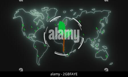 Illustration of the map of the world with a plant on it against a black background Stock Photo