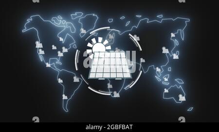 Illustration of a solar panel against the world map on a dark background Stock Photo