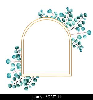 Golden arch-shaped frame framed by green eucalyptus leaves on a white isolated background. Watercolor illustration Stock Photo