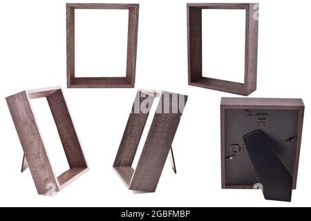 Multiple Angle Of Blank Wooden Photo Frame Isolated On White Background With Clipping Path Stock Photo