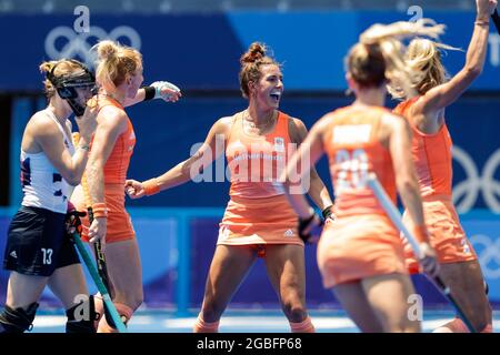 TOKYO, JAPAN - AUGUST 4: Frederique Matla of the Netherlands scores the 5th goal competing on Women's Semi Final during the Tokyo 2020 Olympic Games at the Oi Hockey Stadium on August 4, 2021 in Tokyo, Japan (Photo by Pim Waslander/Orange Pictures) NOCNSF Stock Photo